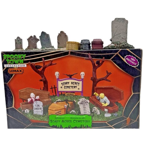 Lemax Spooky Town Scary Acres Cemetery Lot Halloween Village Coffins Graveyard - Picture 3 of 16